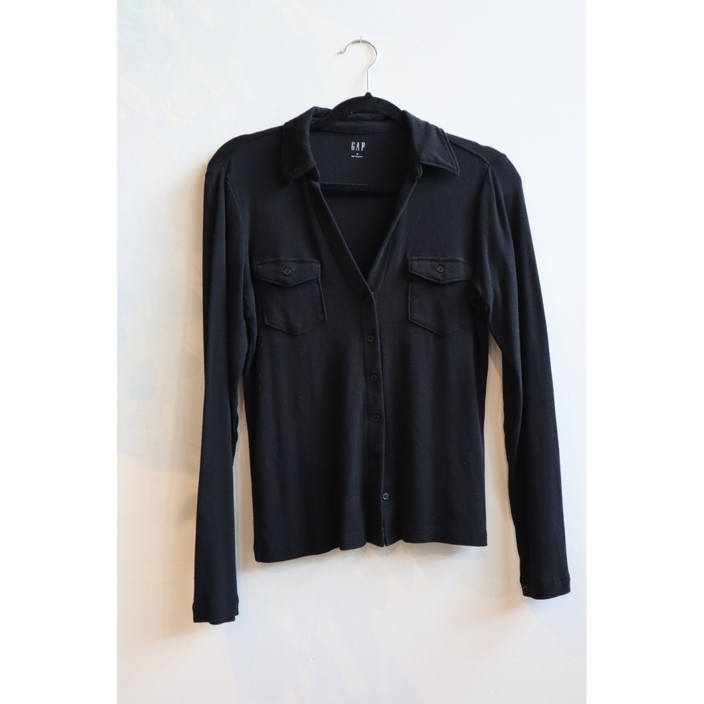 Gap Womens Black Ribbed Knit Long Sleeve Button Down Shirt Dual Pocket Size M